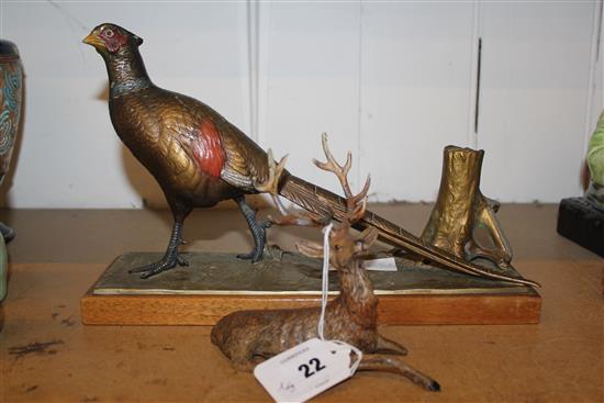 Painted Spelter pheasant desk stand and a similar stag(-)